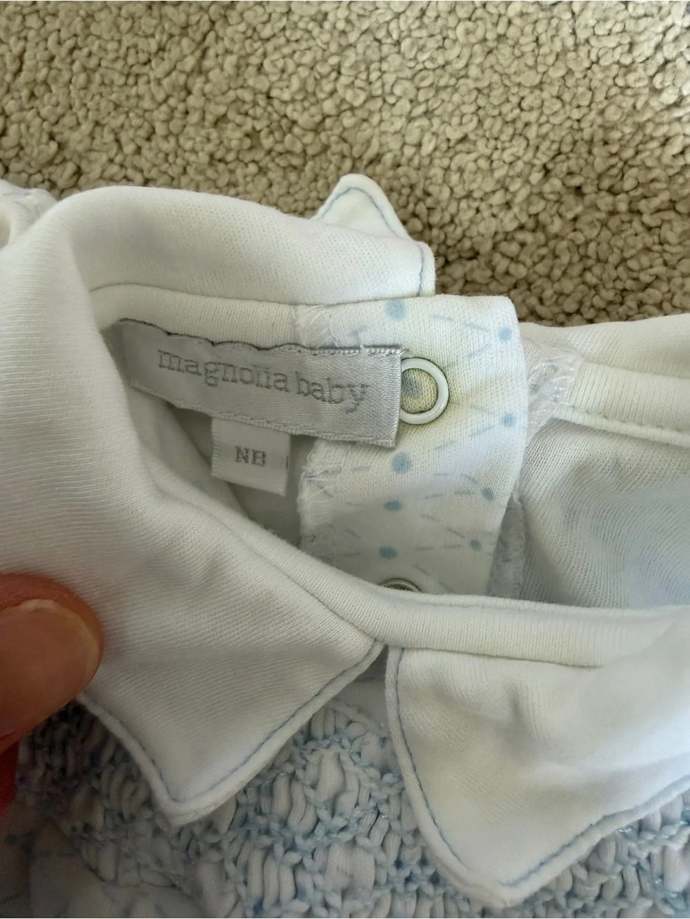 White Smocked Baby Sleep Sack with Light Blue Dot Detail